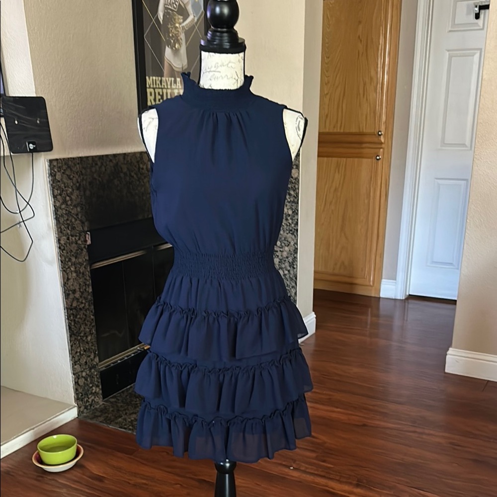 Blue Ruffled Tiered Mini Dress Mock Neck Sleeveless